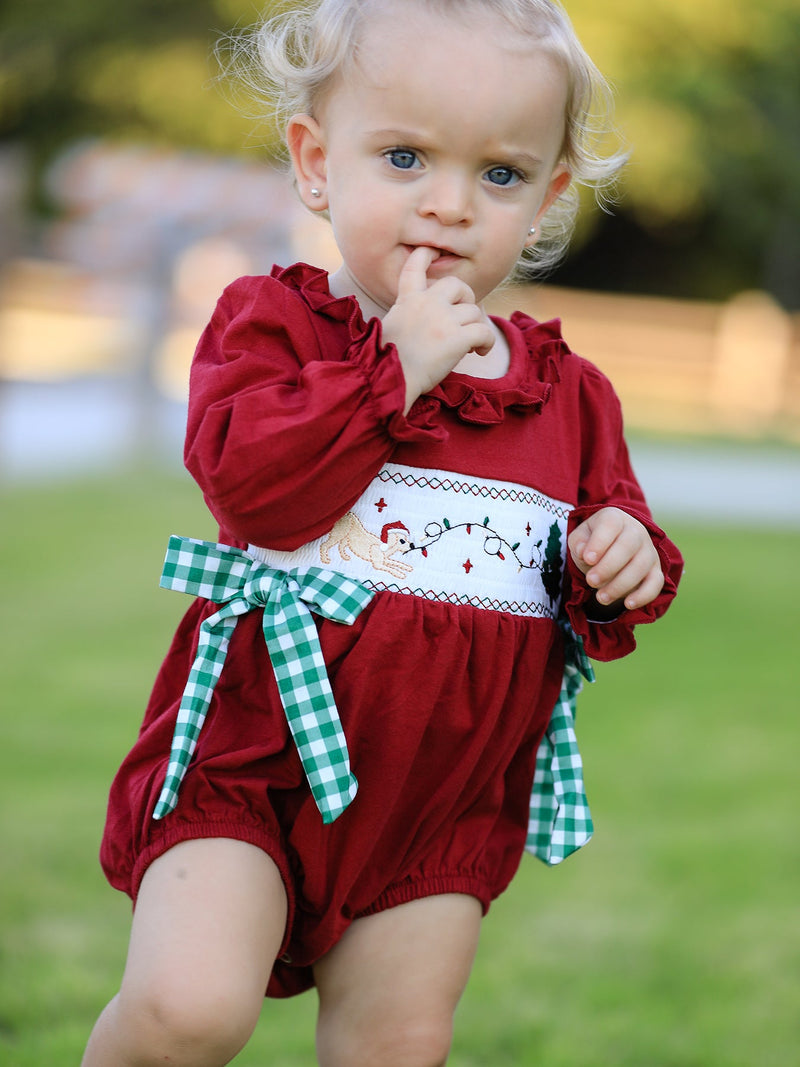 Christmas Embroidered Baby Girls Romper with Green Plaid Bow - 2