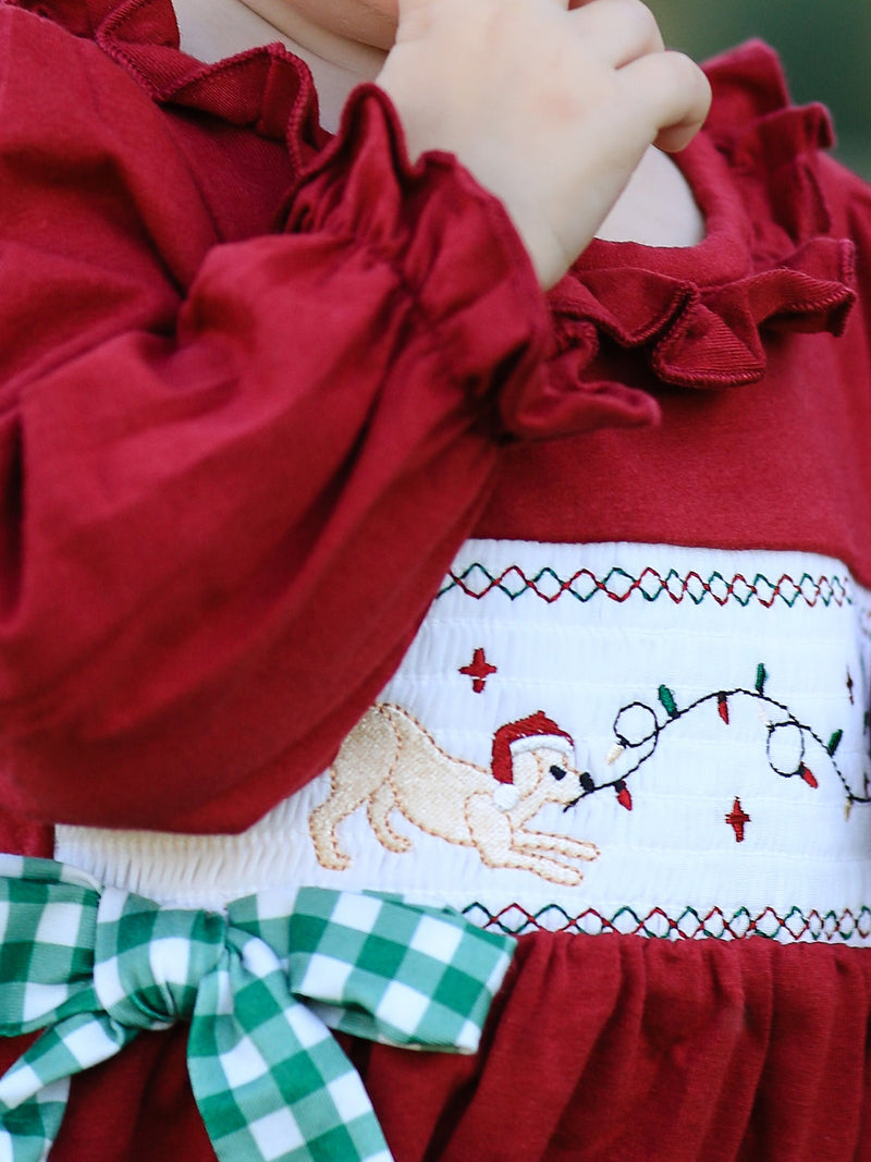 Christmas Embroidered Baby Girls Romper with Green Plaid Bow - 4
