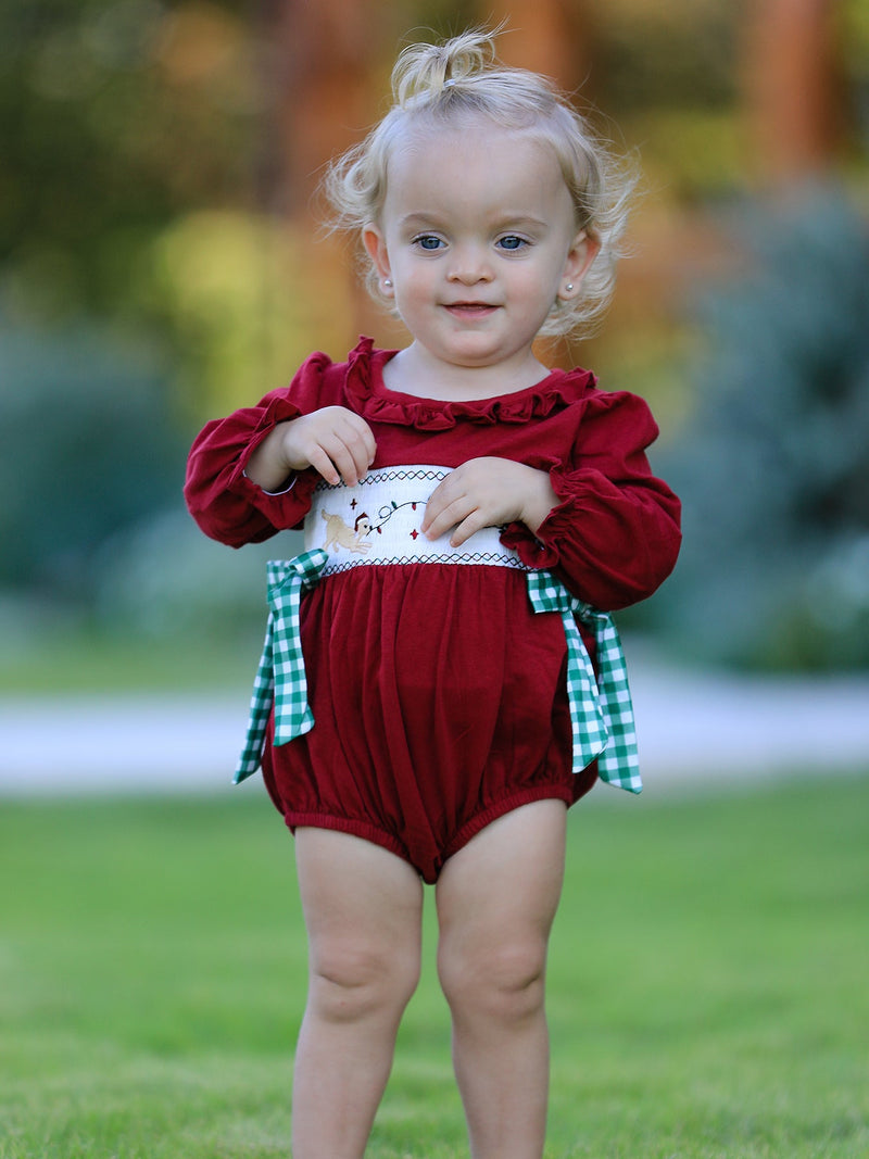Christmas Embroidered Baby Girls Romper with Green Plaid Bow - 5