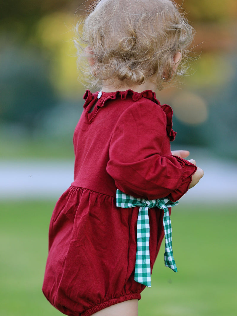 Christmas Embroidered Baby Girls Romper with Green Plaid Bow - 6
