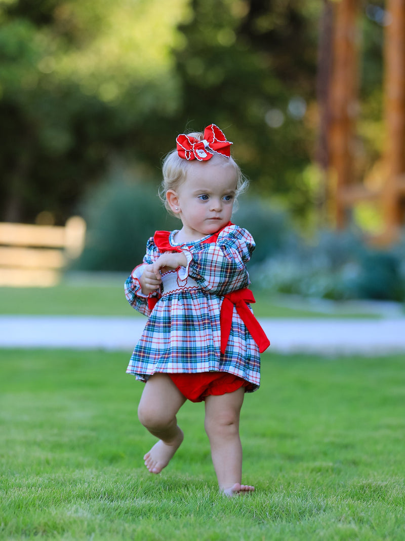 Christmas Plaid Smocking Embroidered Girls Bloomers Romper Set - 5