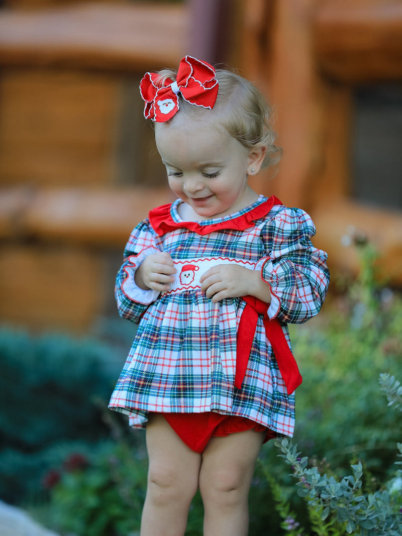 Christmas Plaid Smocking Embroidered Girls Bloomers Romper Set - 2