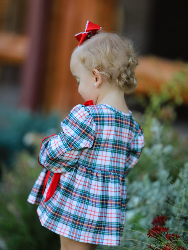 Christmas Plaid Smocking Embroidered Girls Bloomers Romper Set - 3
