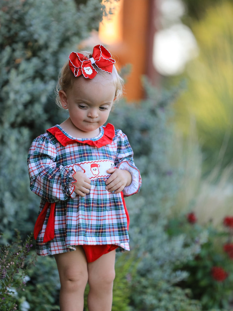 Christmas Plaid Smocking Embroidered Girls Bloomers Romper Set - 1