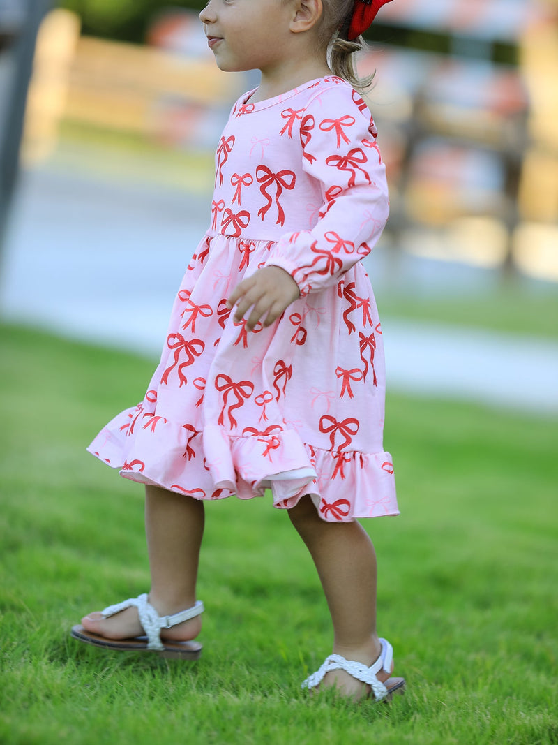 Pink Bow Print Girls Dress with Ruffle Hem - 4