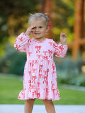 Pink Bow Print Girls Dress with Ruffle Hem - 5