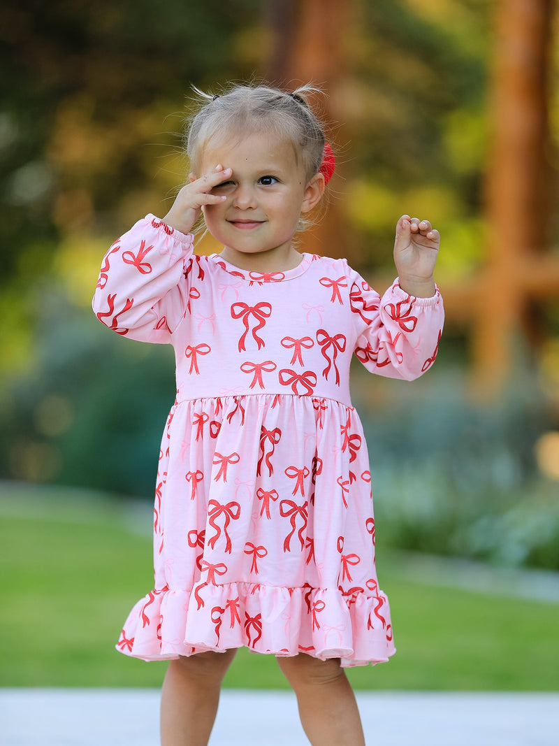 Pink Bow Print Girls Dress with Ruffle Hem - 5