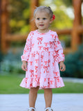 Pink Bow Print Girls Dress with Ruffle Hem - 1