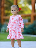Pink Bow Print Girls Dress with Ruffle Hem - 3