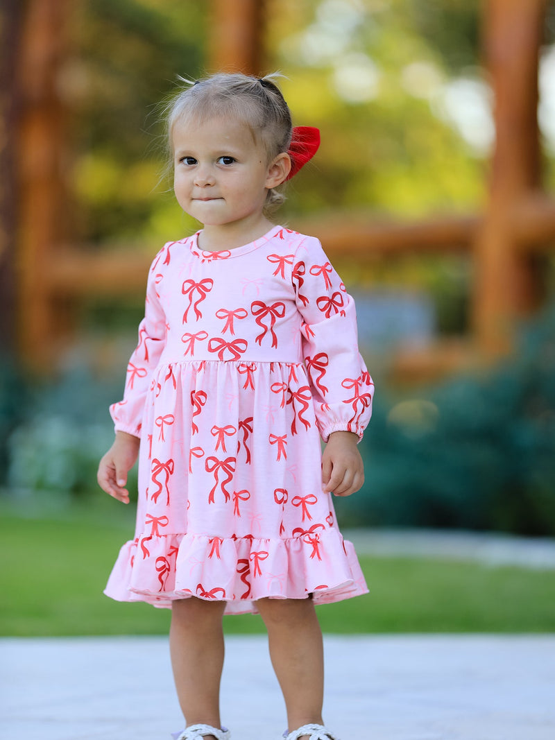 Pink Bow Print Girls Dress with Ruffle Hem - 3