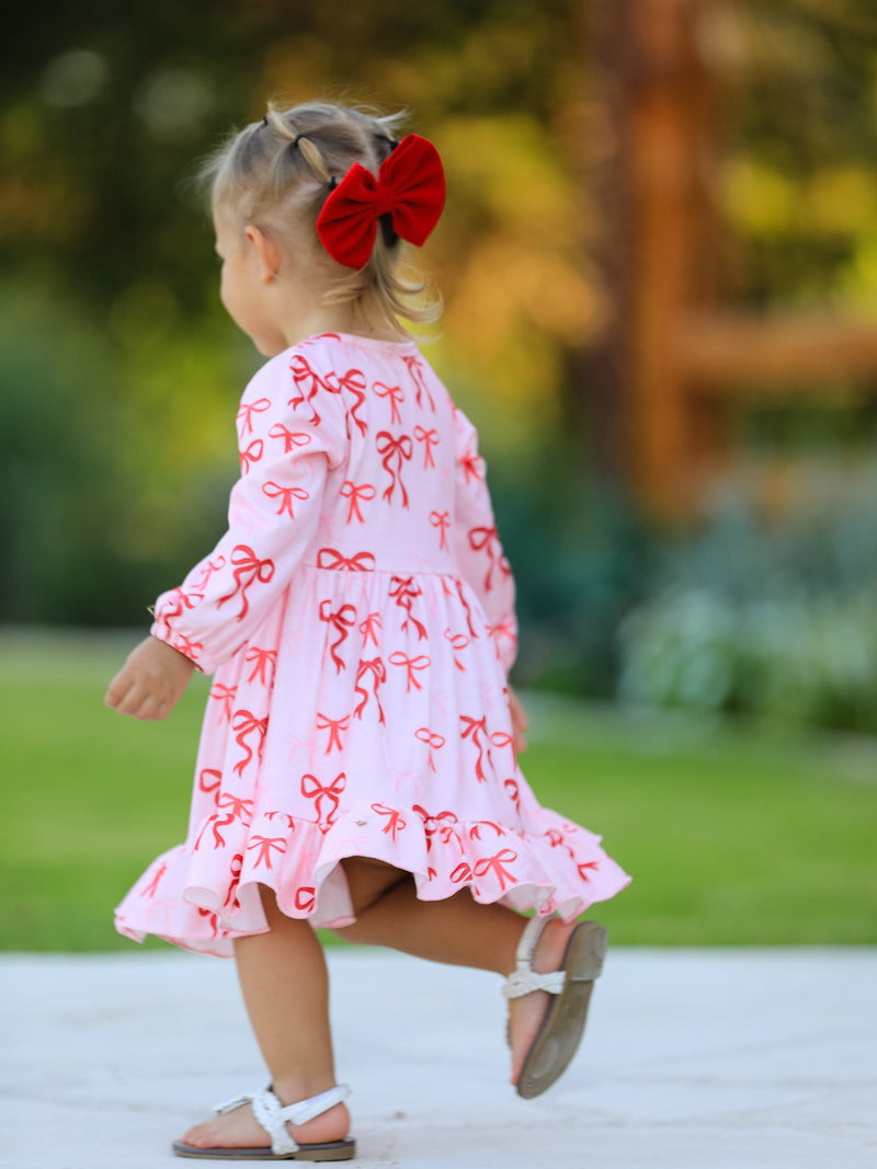 Pink Bow Print Girls Dress with Ruffle Hem - 2