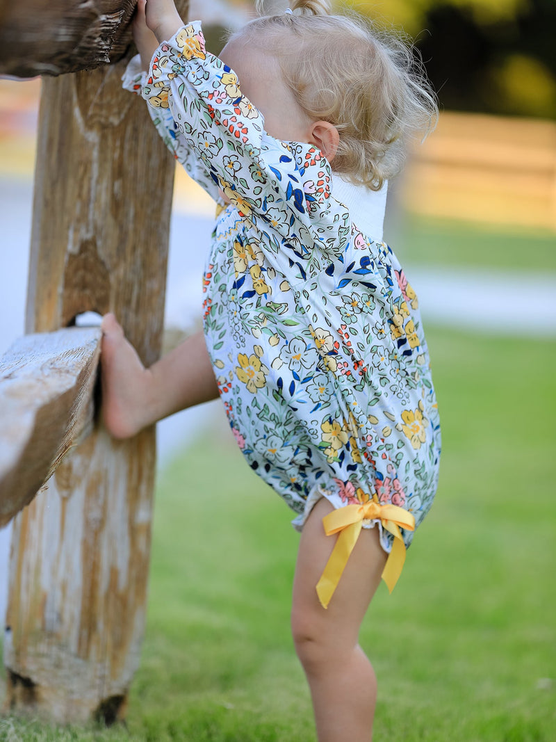 Fall  Embroidery Smocking Bow Floral Leaf Baby Girls Romper - 5
