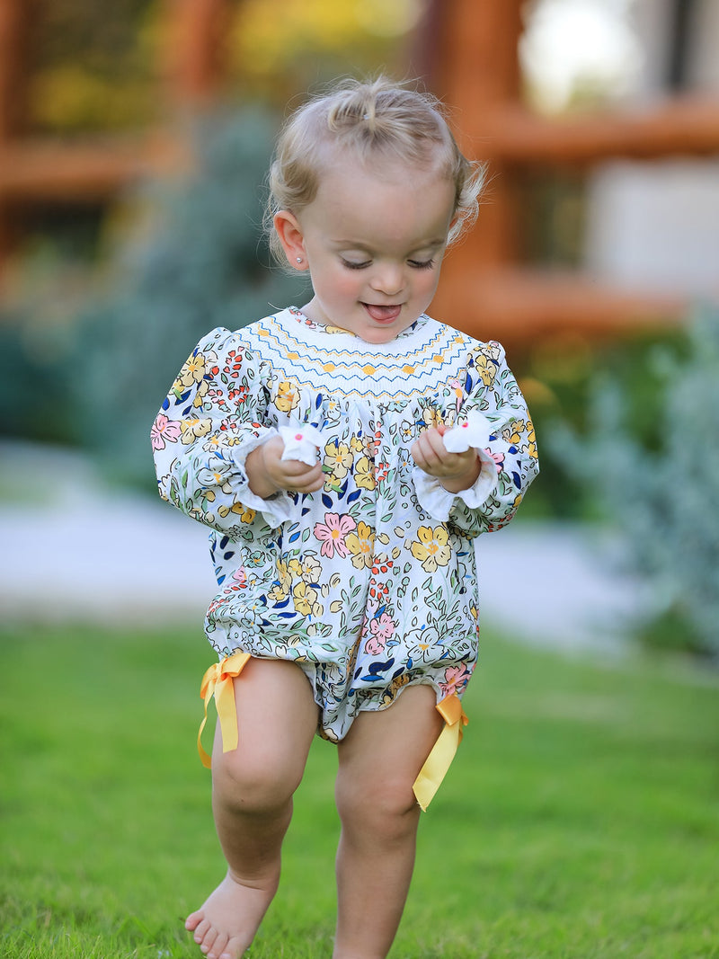 Fall  Embroidery Smocking Bow Floral Leaf Baby Girls Romper - 2