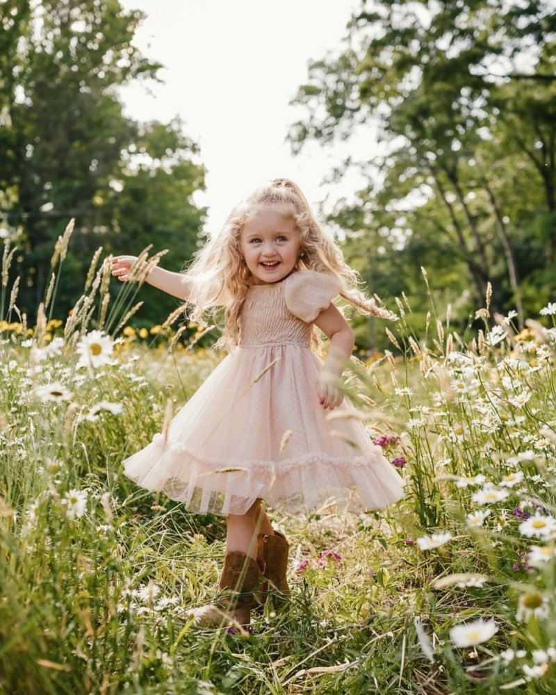 Smocked Dots Tulle Dress - Champagne - 1